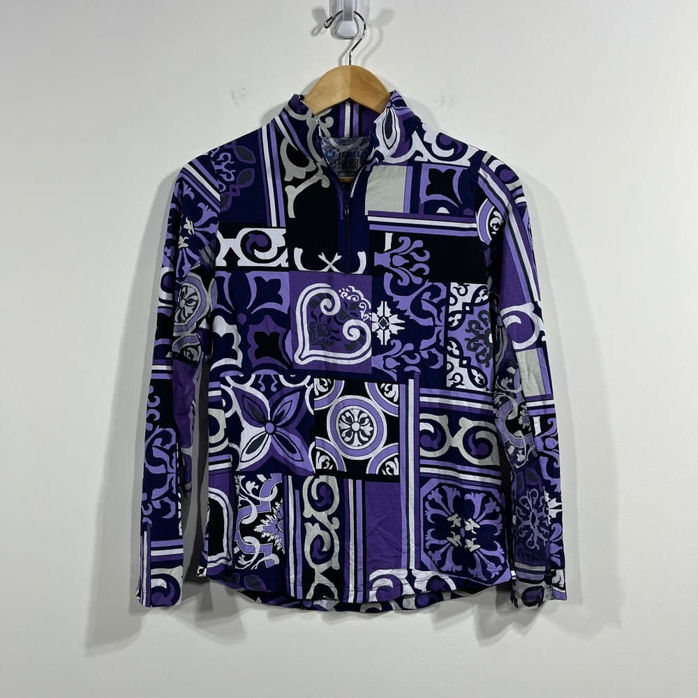 IBKUL Womens Purple Blue Tile Print UPF 50+ Quarter Zip Mock Neck Top Small Golf - Picture 2 of 11